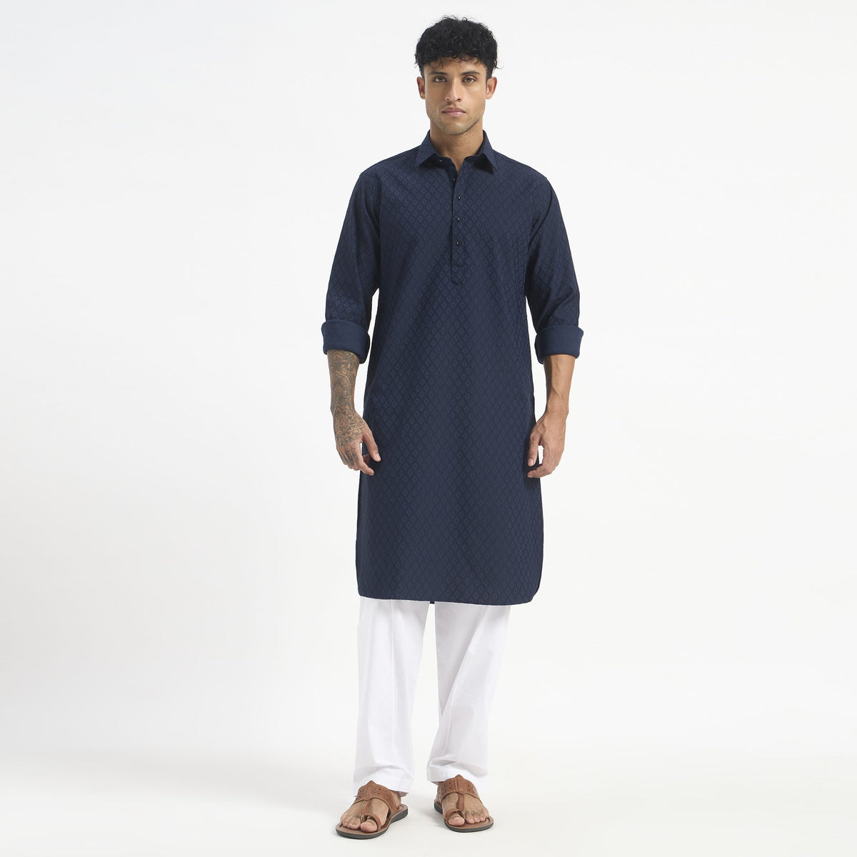 Geometric Pathani Suit - Navy Blue