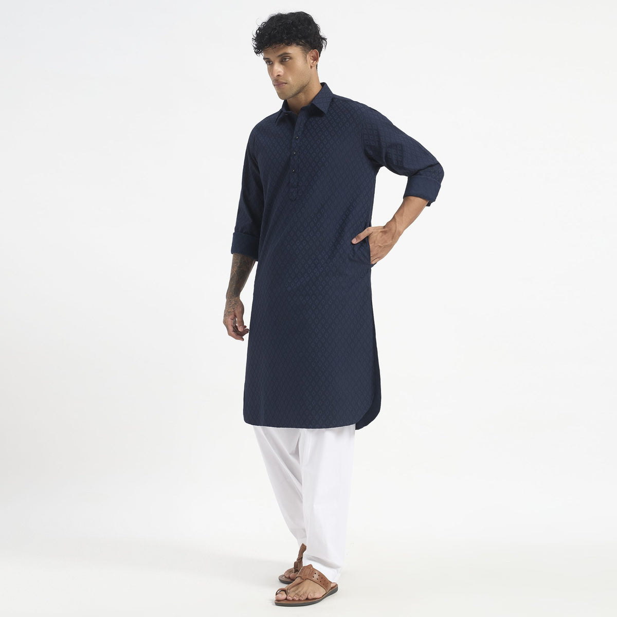 Geometric Pathani Suit - Navy Blue