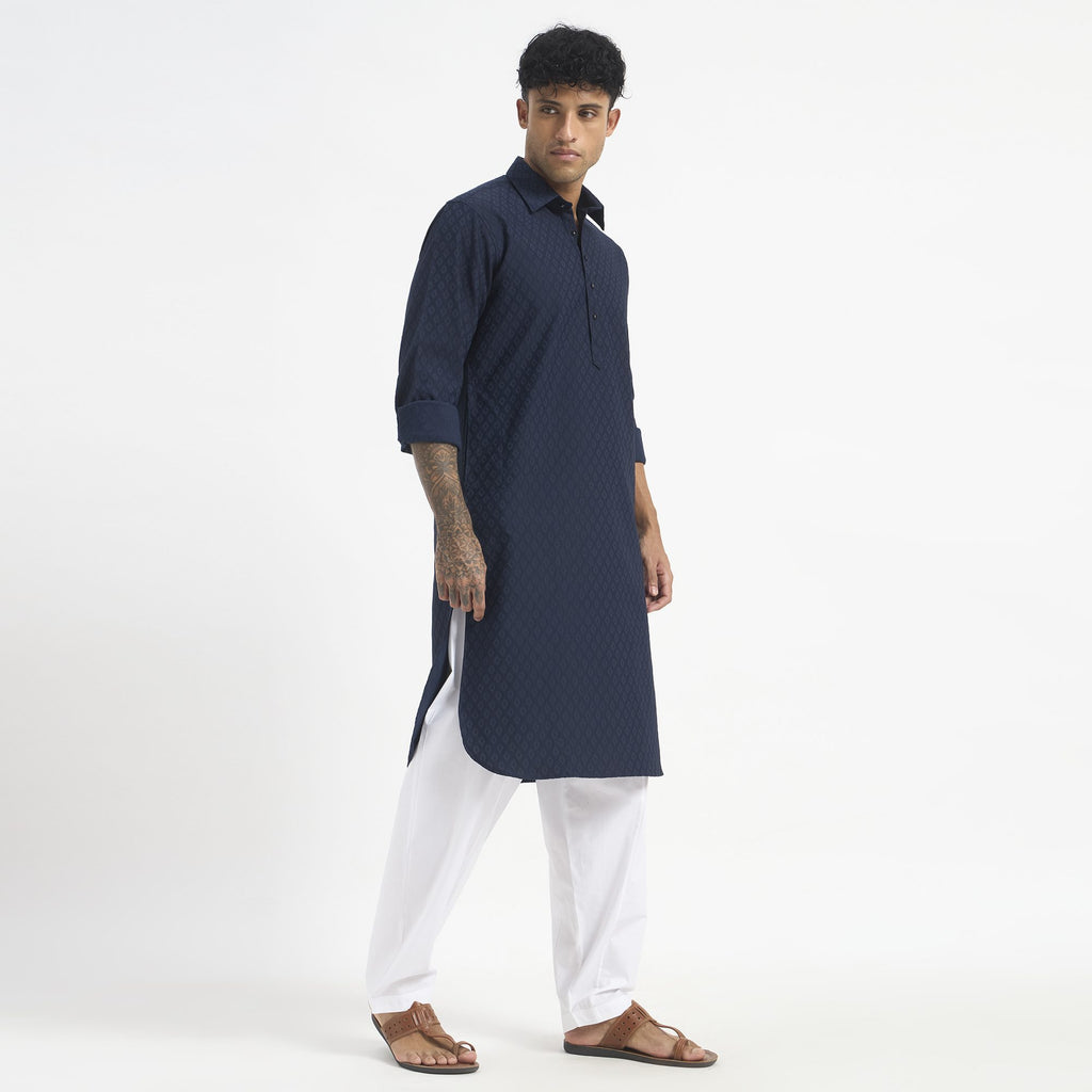 Geometric Pathani Suit - Navy Blue