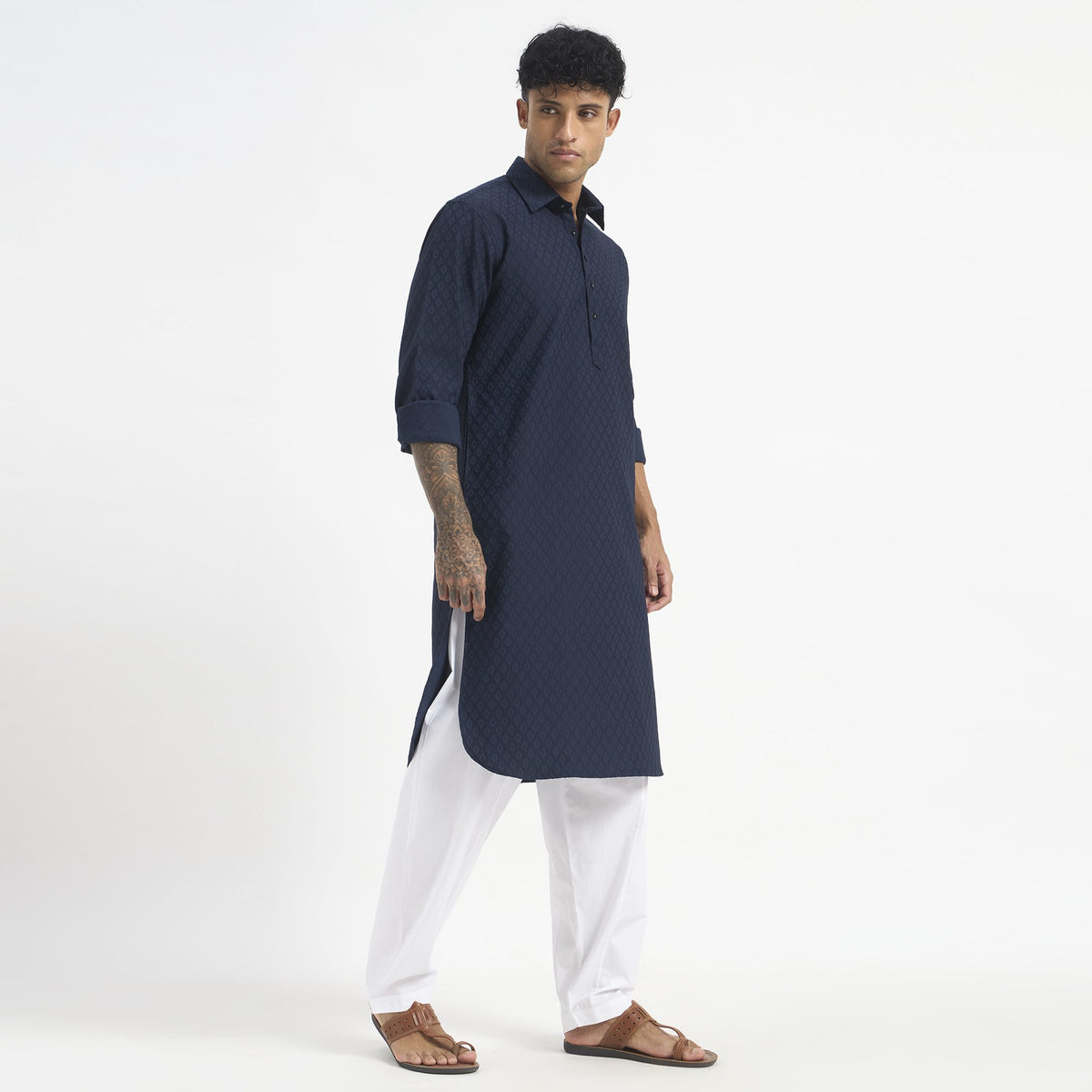 Geometric Pathani Suit - Navy Blue