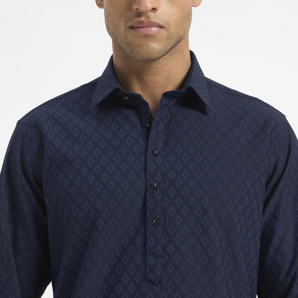 Geometric Pathani Suit - Navy Blue