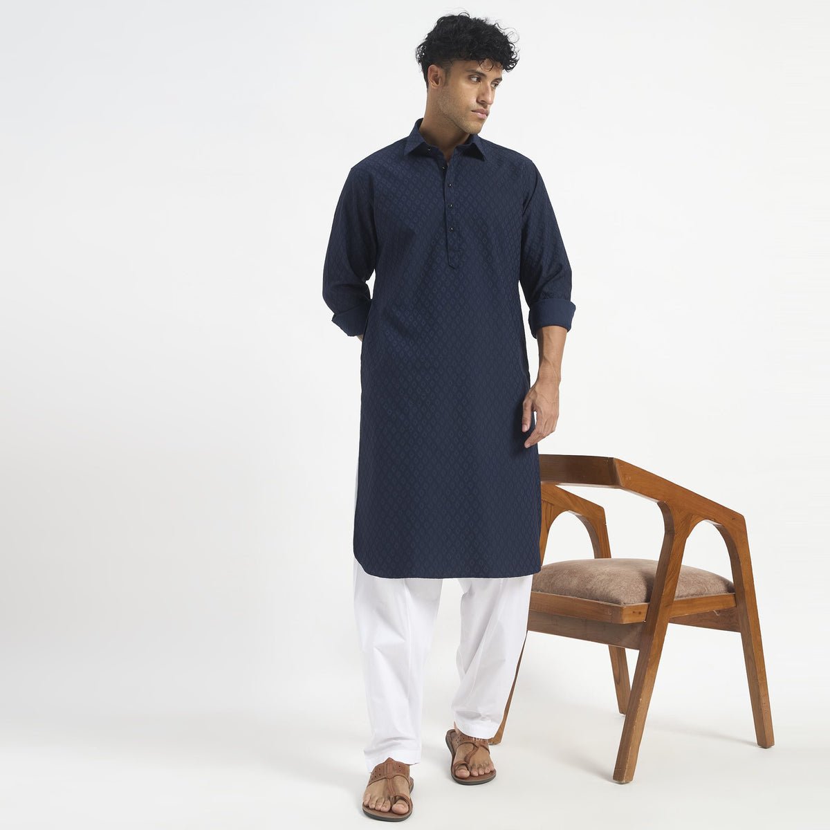 Geometric Pathani Suit - Navy Blue