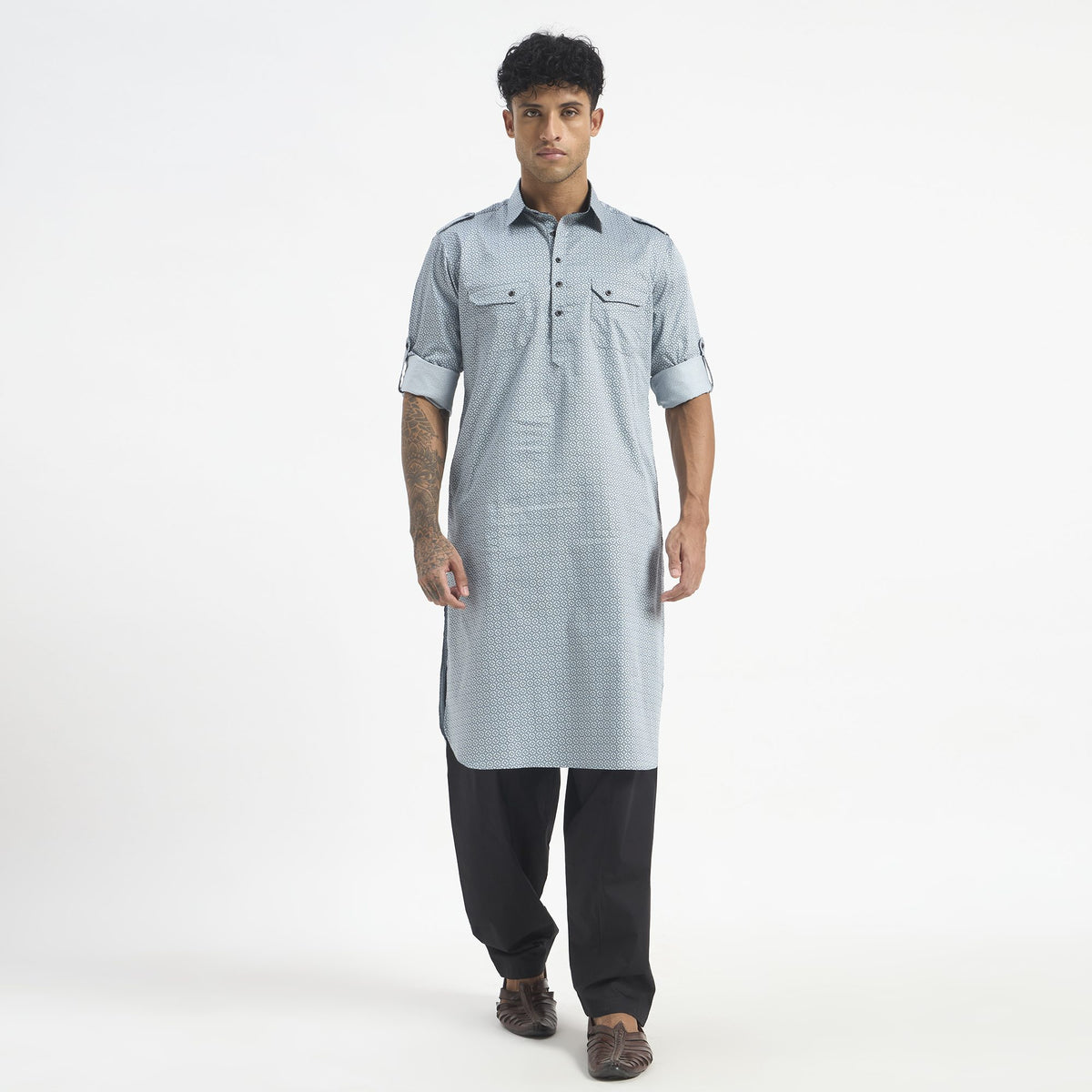 Geometric Pathani Suit - Powder Blue