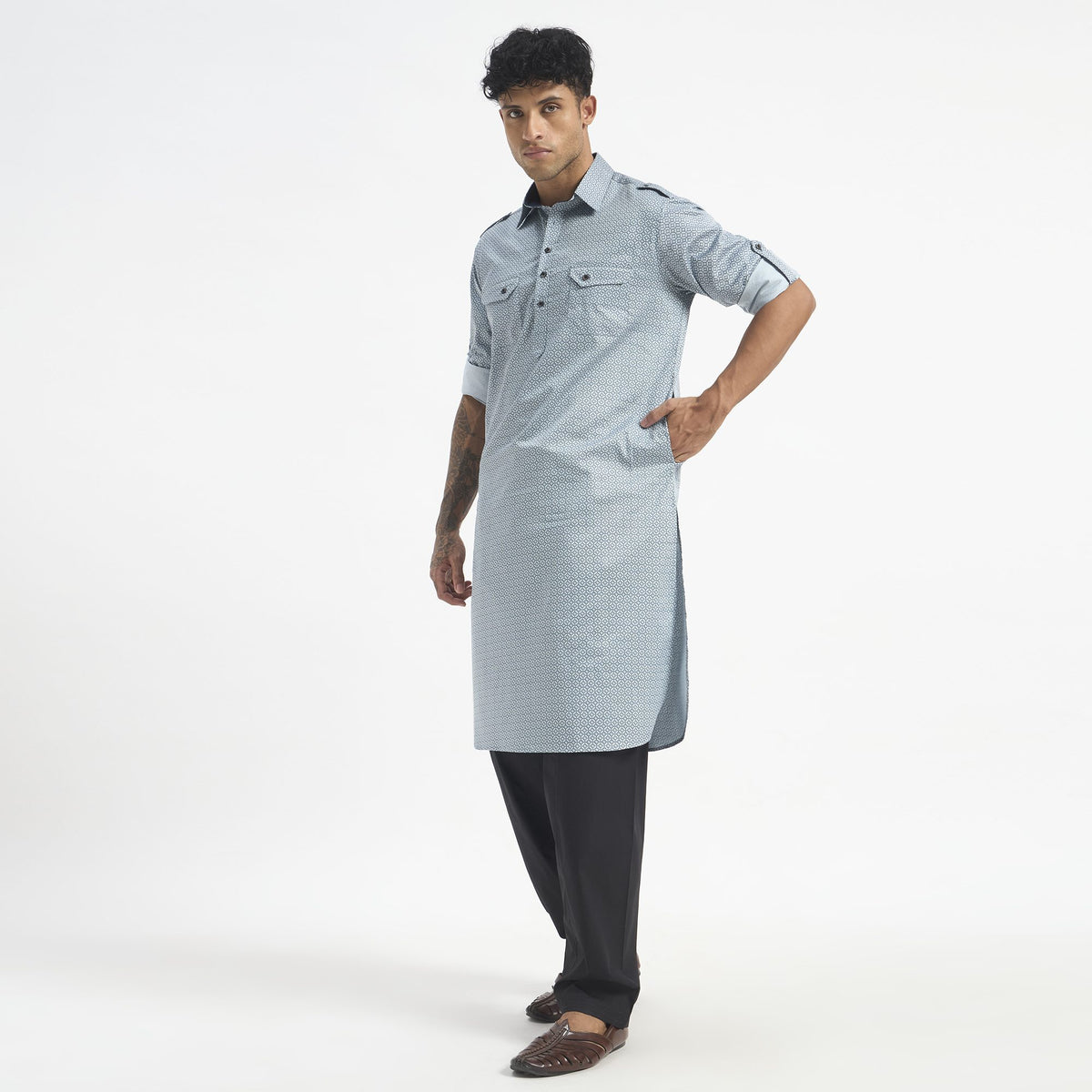 Geometric Pathani Suit - Powder Blue
