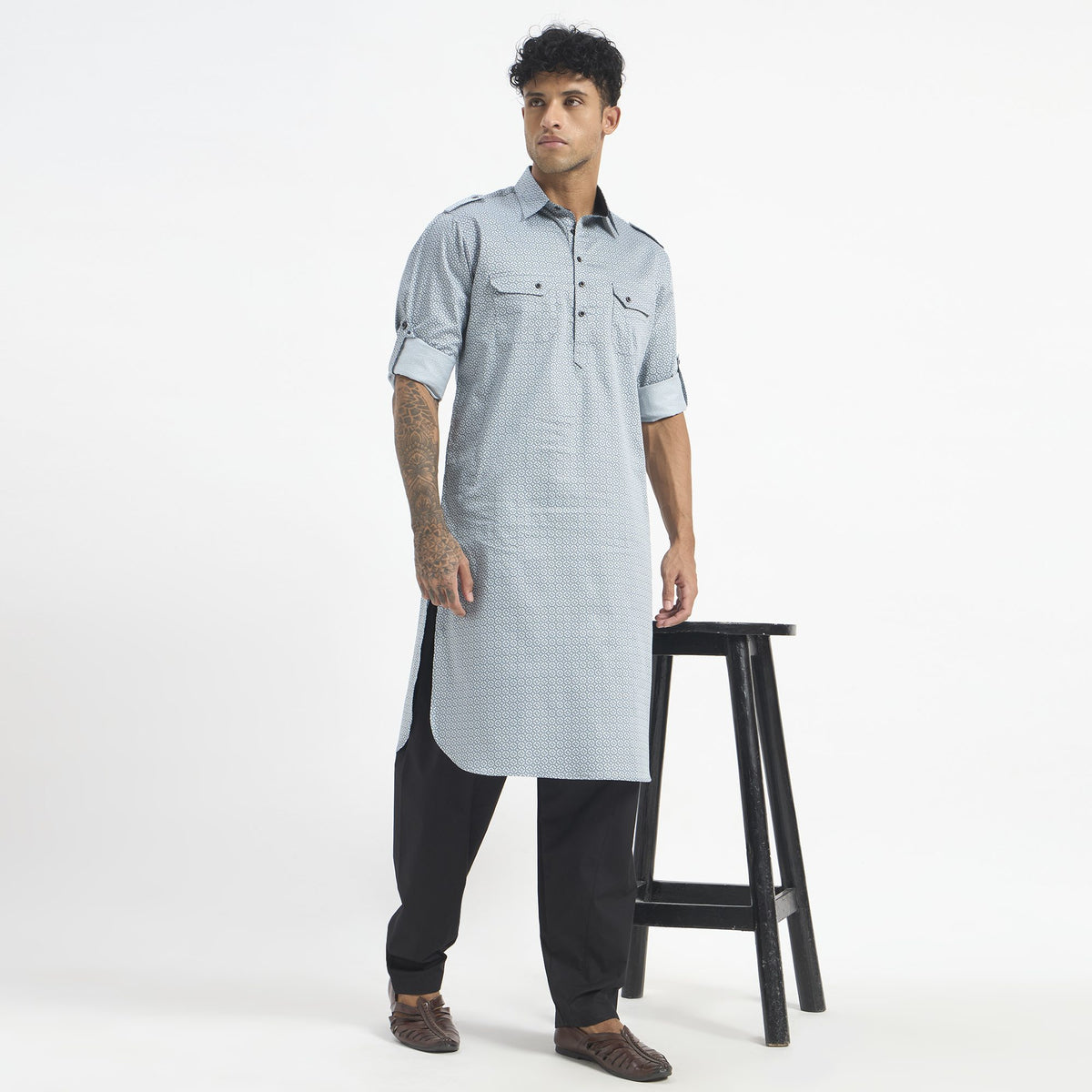 Geometric Pathani Suit - Powder Blue