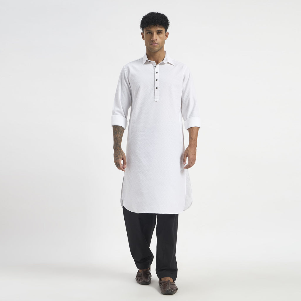 Geometric Pathani Suit - Pure White