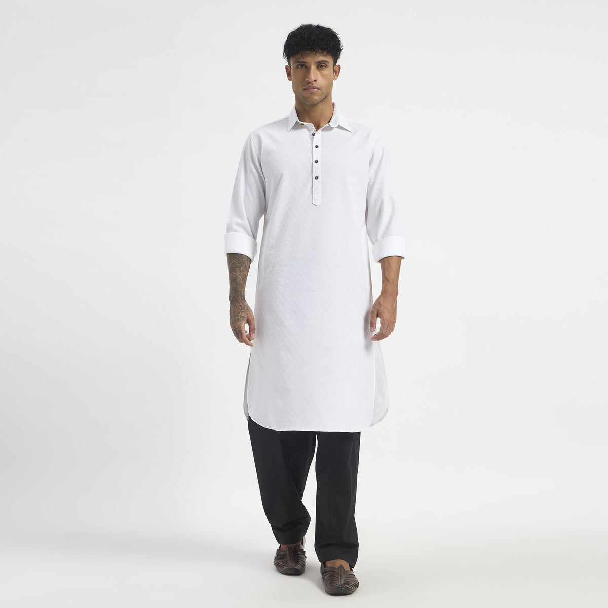 Geometric Pathani Suit - Pure White