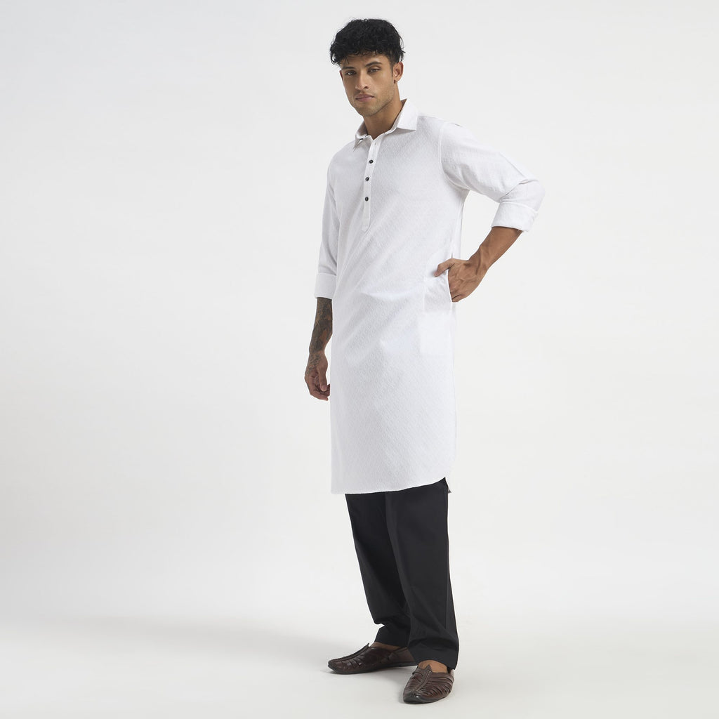 Geometric Pathani Suit - Pure White