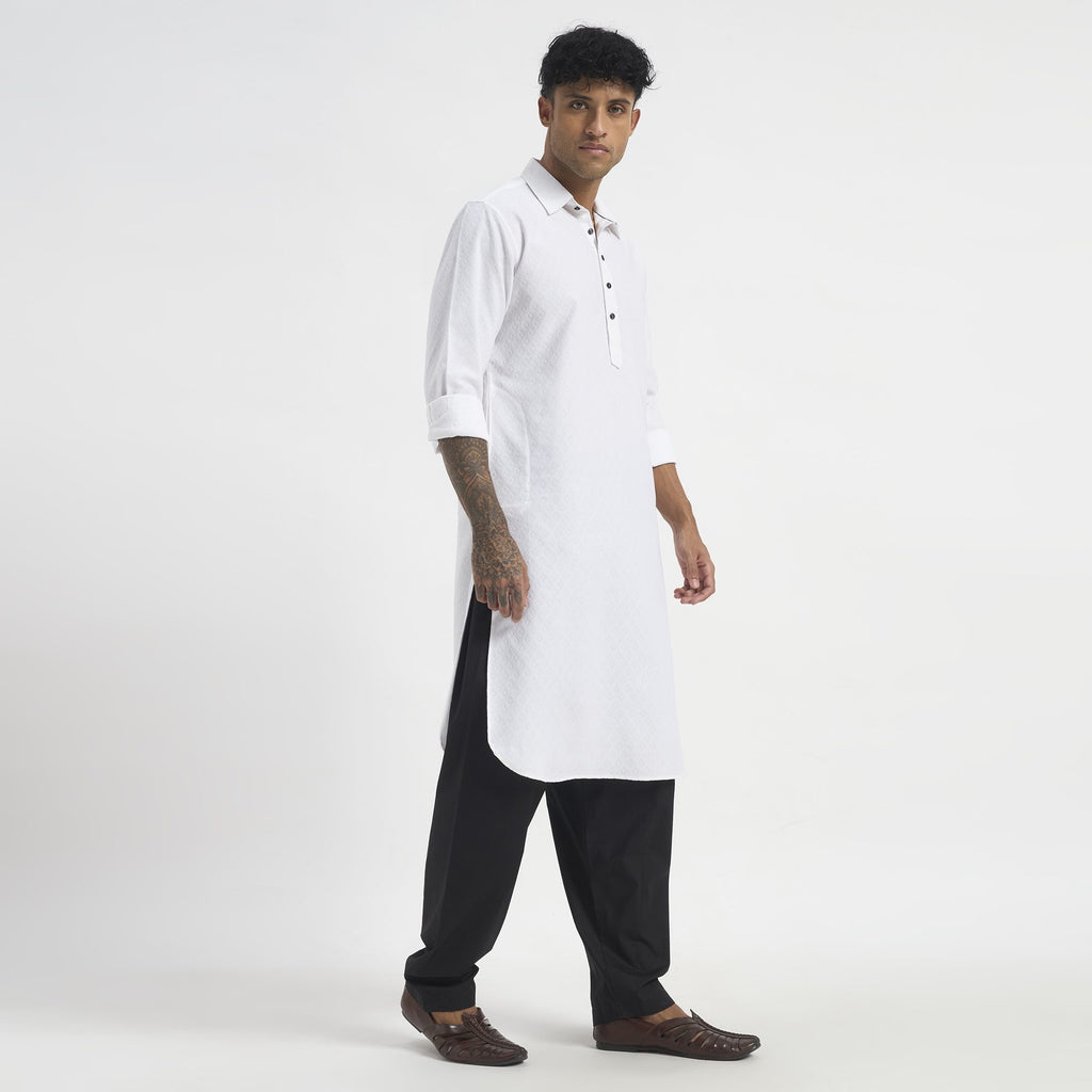 Geometric Pathani Suit - Pure White