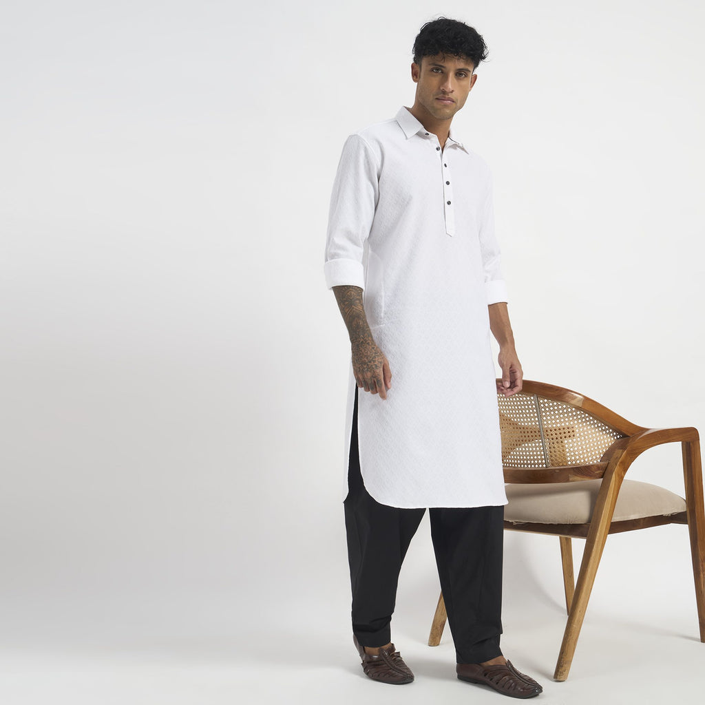 Geometric Pathani Suit - Pure White