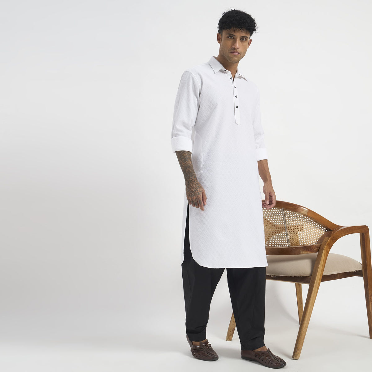 Geometric Pathani Suit - Pure White