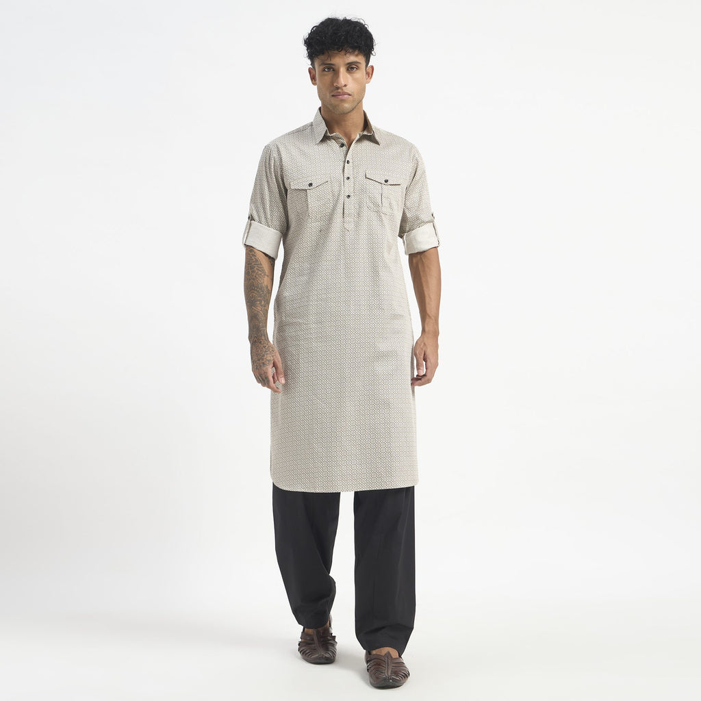 Geometric Pathani Suit - Sand Beige