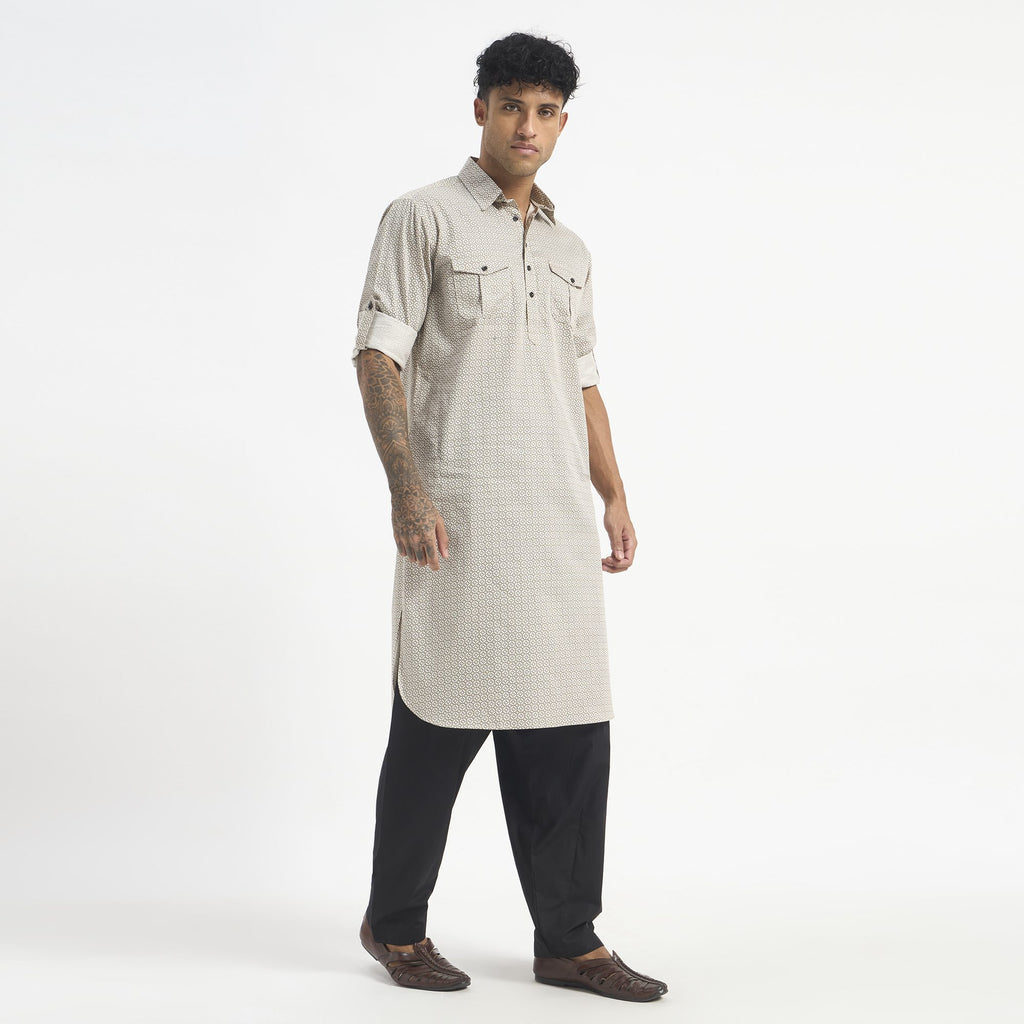 Geometric Pathani Suit - Sand Beige
