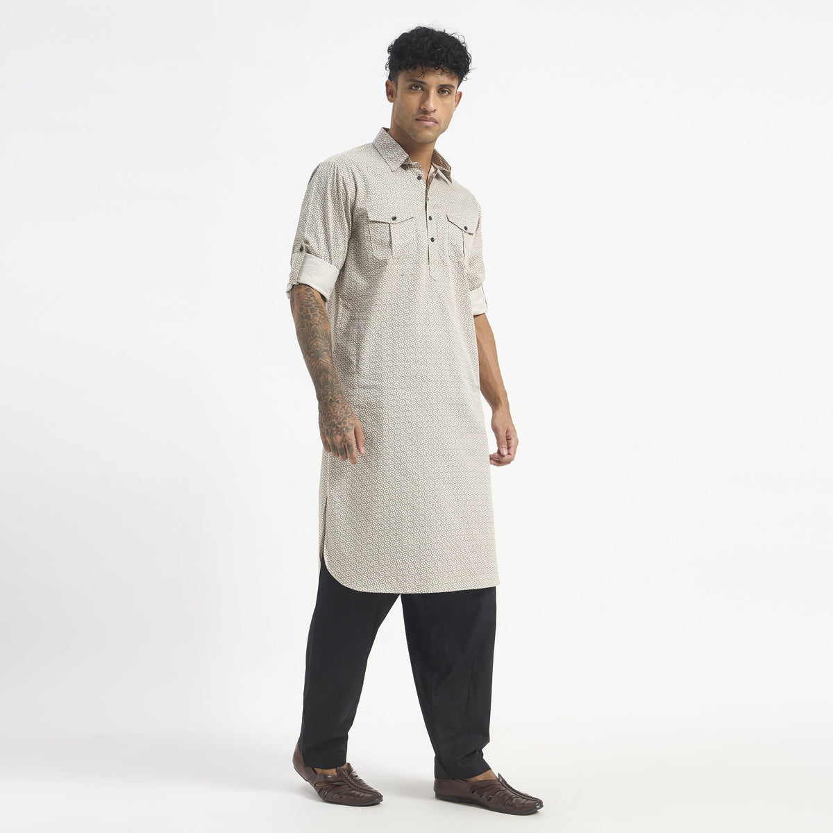 Geometric Pathani Suit - Sand Beige