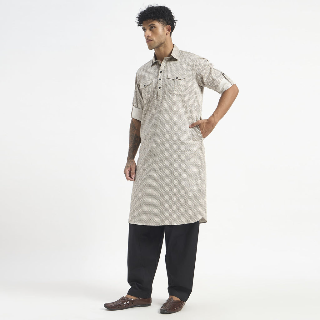 Geometric Pathani Suit - Sand Beige