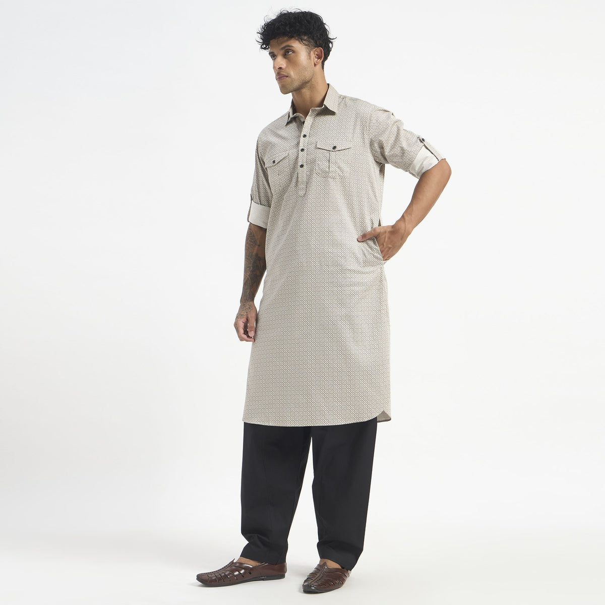 Geometric Pathani Suit - Sand Beige