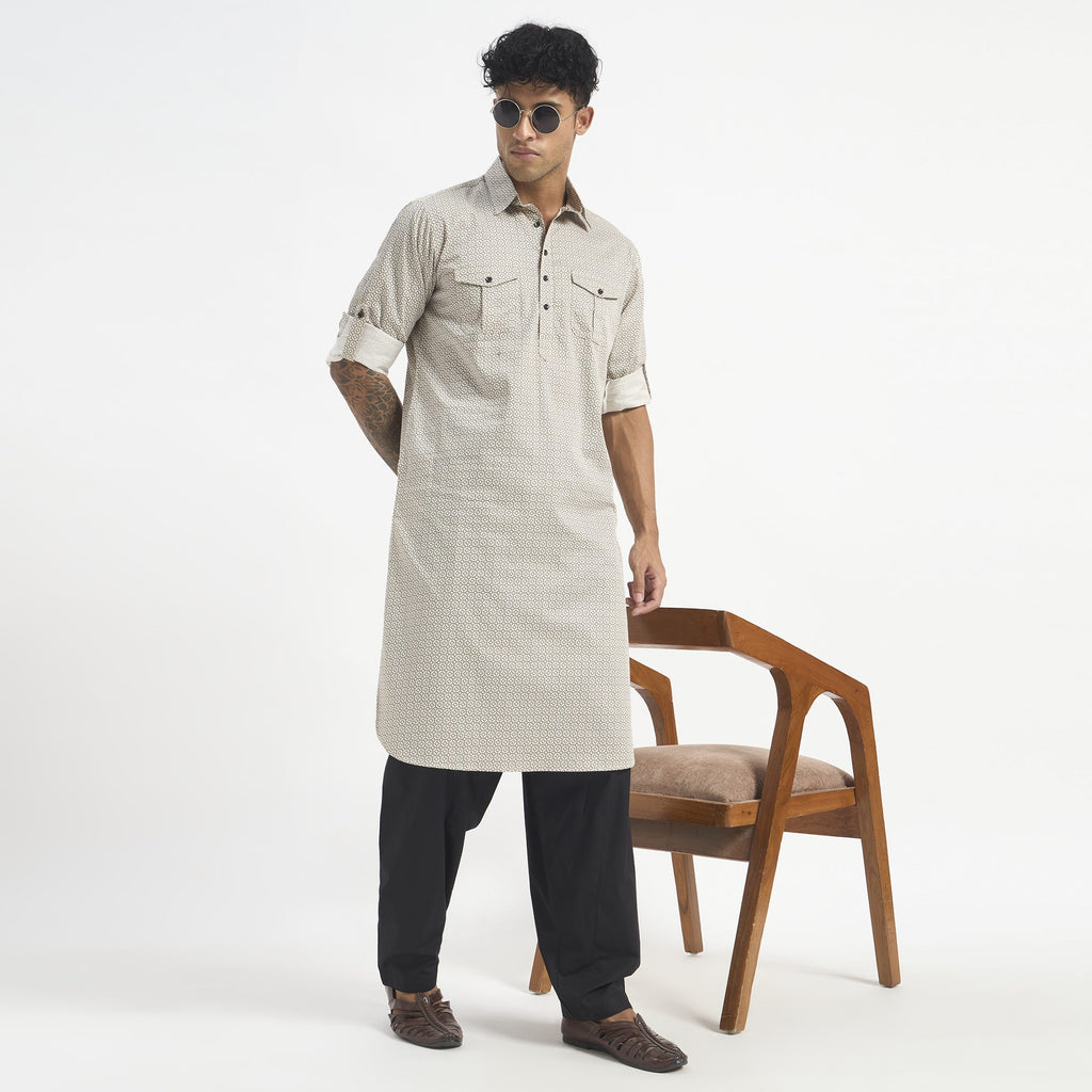 Geometric Pathani Suit - Sand Beige